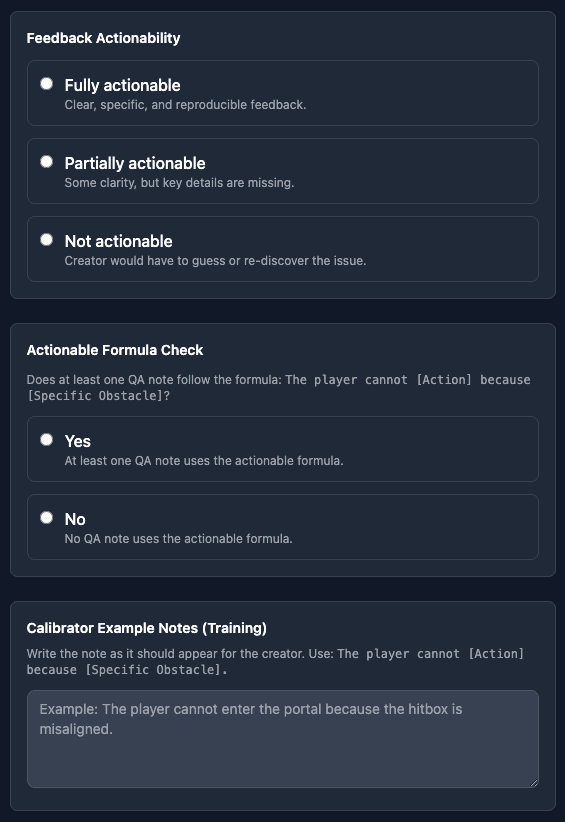 Astrocade AI QA Calibration Tool: Creator feedback quality