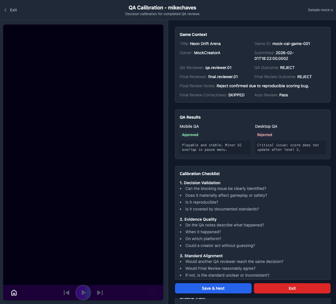 Astrocade AI QA Calibration Tool: Side-by-side calibration session