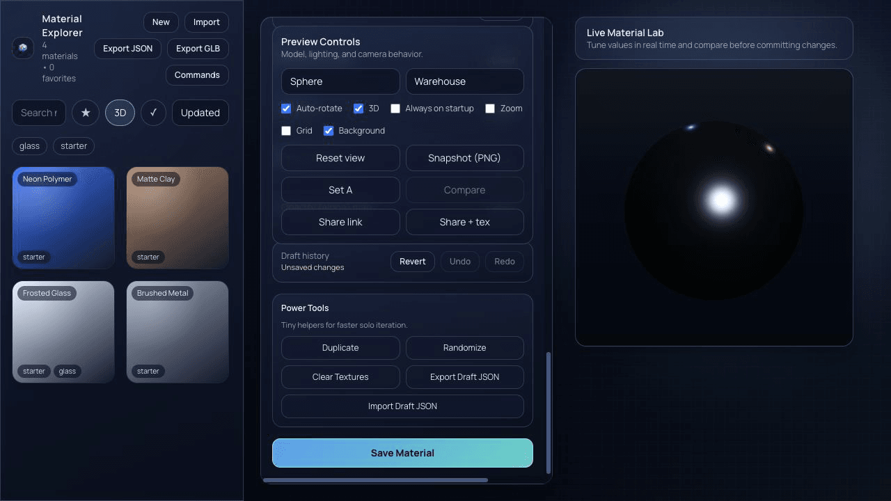 Material Explorer: Draft history and power tools