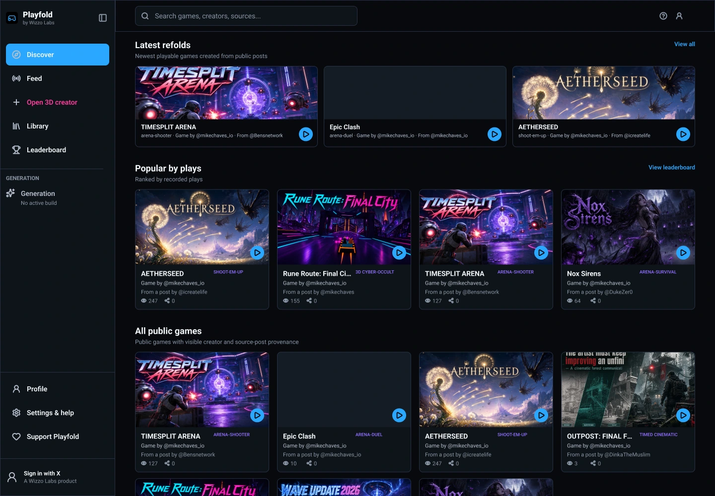Playfold: Discover: latest refolds, popular shelf and public grid