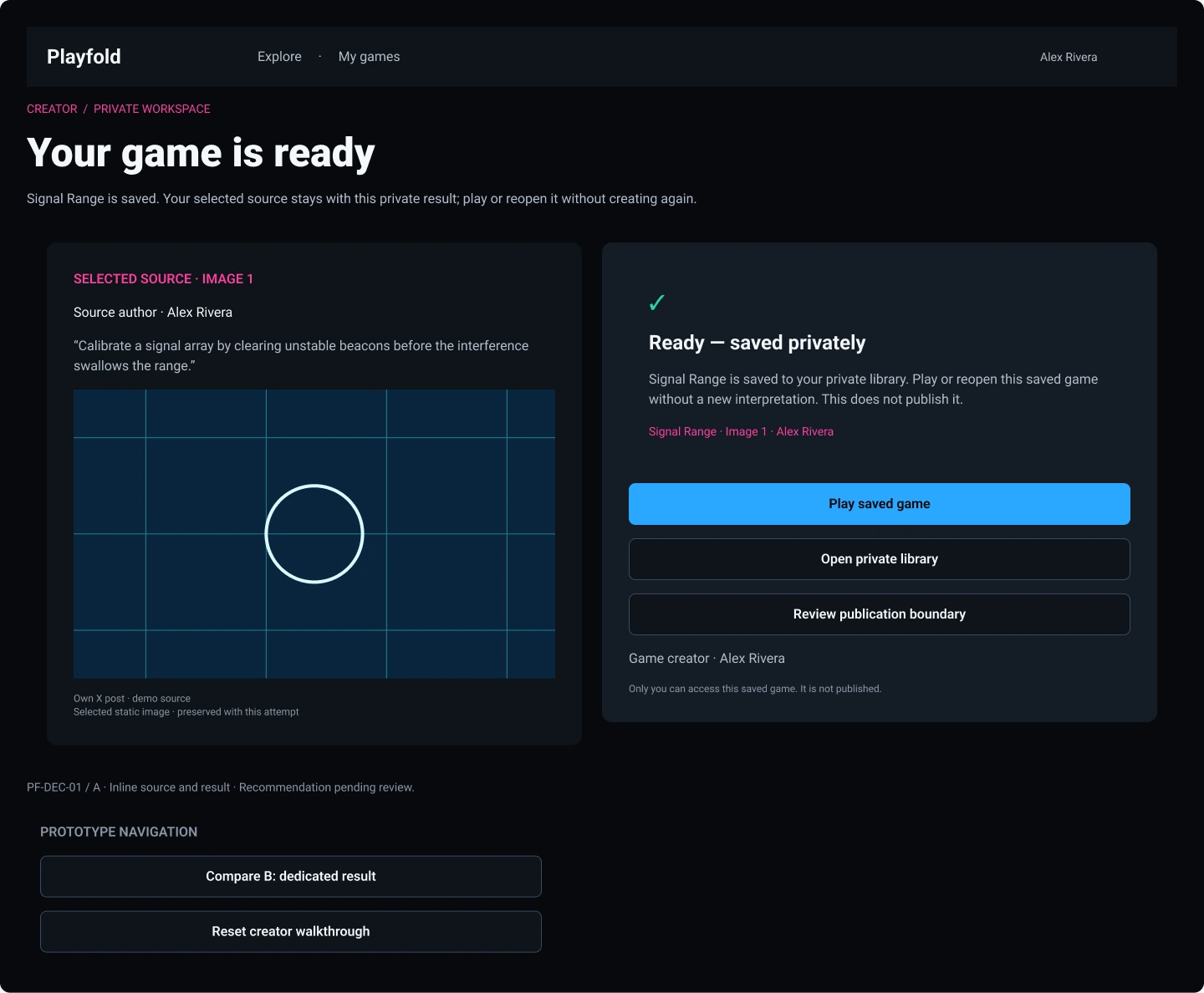Playfold: Creator result: Signal Range saved privately