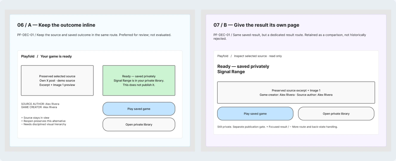 Playfold: Private-result alternatives: inline receipt and dedicated page