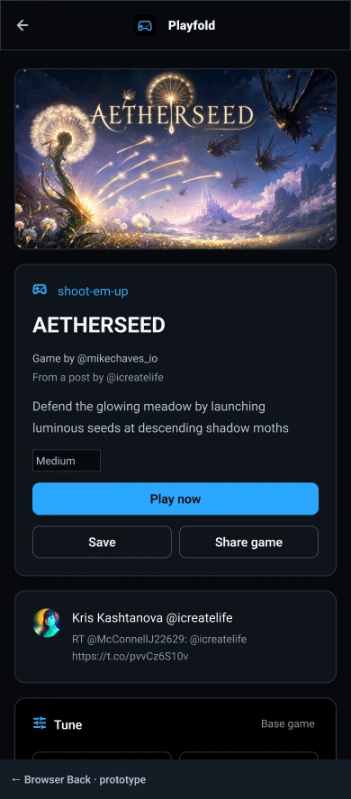 Playfold: Mobile AETHERSEED: game, source and scrollable controls