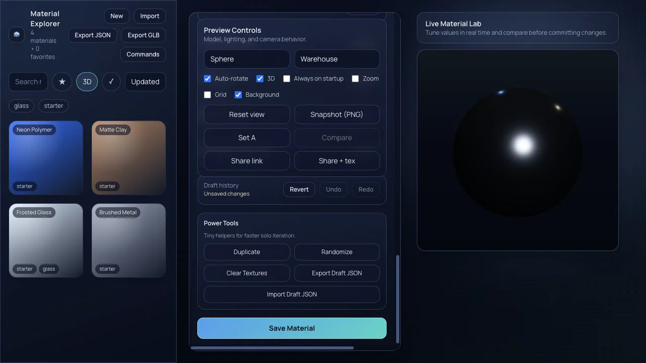 Material Explorer: Draft history and power tools