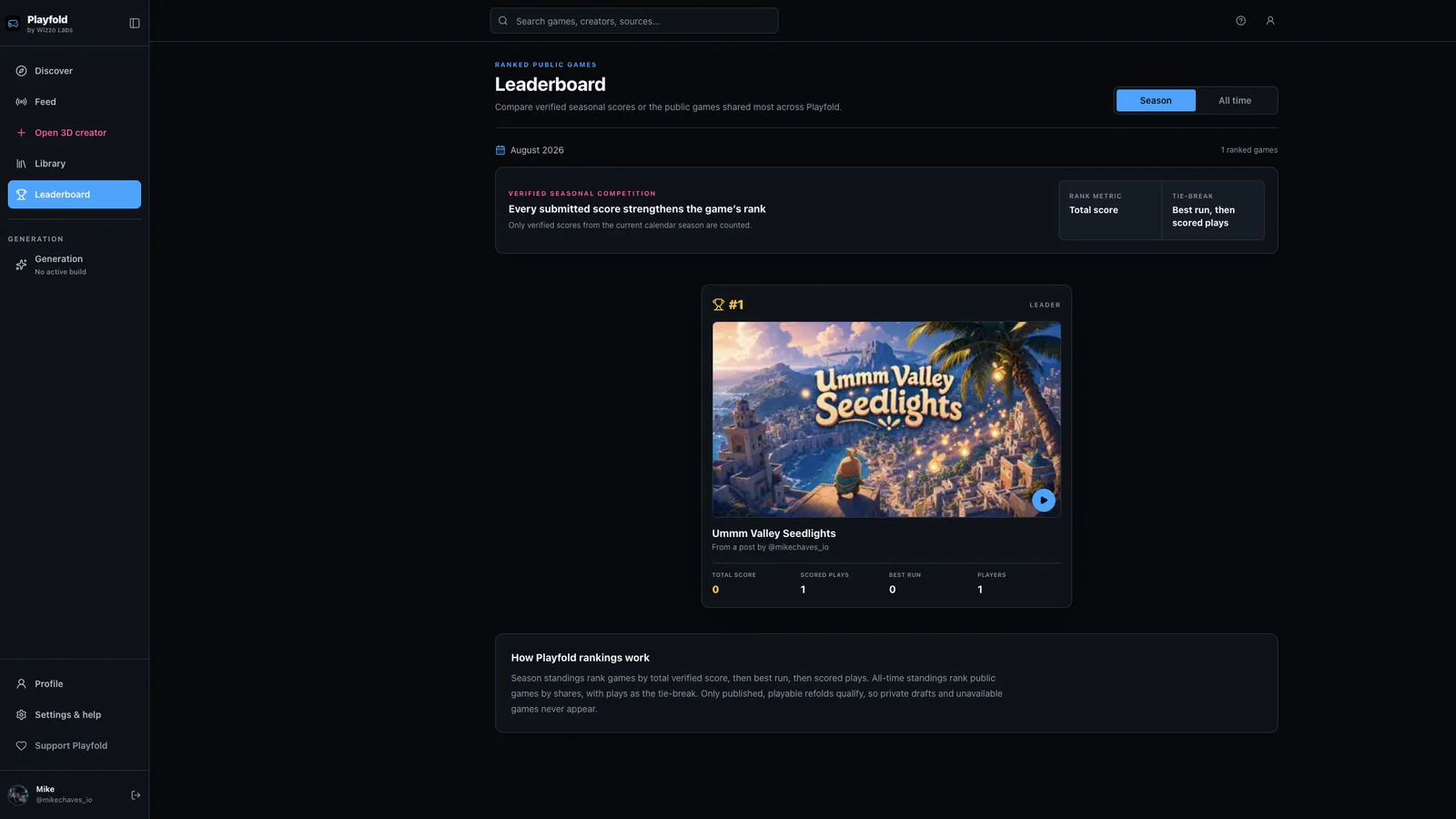 Playfold: Verified seasonal leaderboard