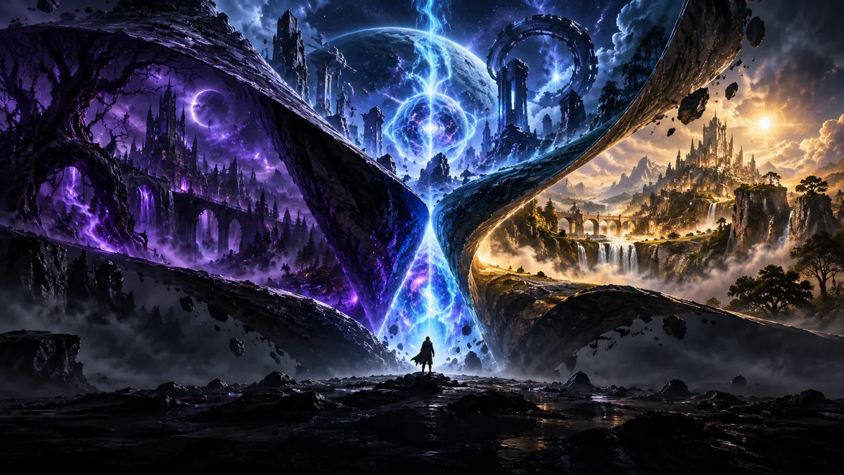 New Playfold cover illustration: three game worlds fold into one luminous gateway