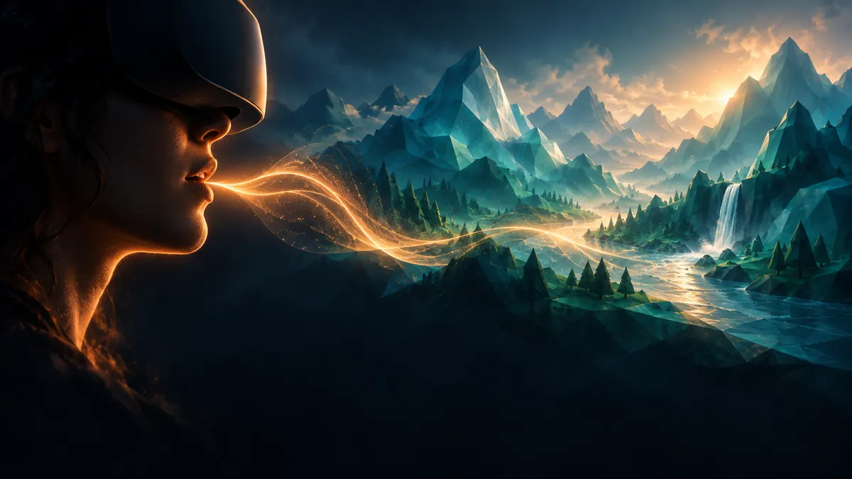 Conceptual SpeakEasy cover illustration: a human voice opens an immersive mountain world